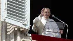 Pope Francis waves to the crowd during the Sunday Angelus. Vatican Media