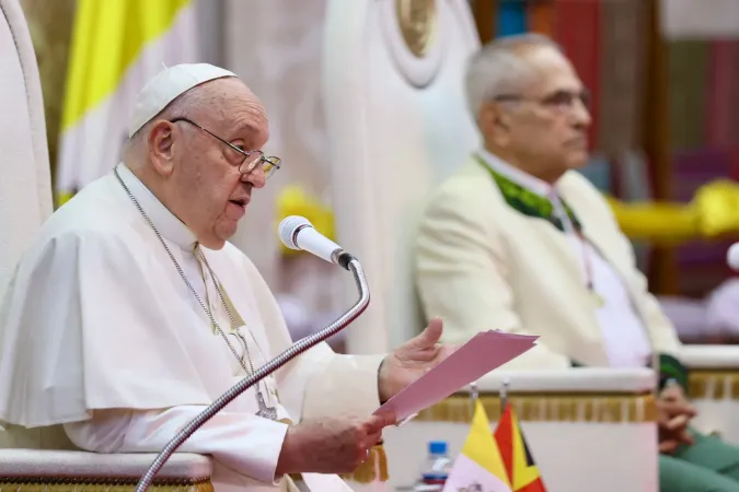 Pope Francis addresses the authorities, civil society, and diplomatic corps at a welcome cermony at the Presidential Palace in the capital city of Dili, East Timor, upon his arrival to the country on Sept. 9, 2024.