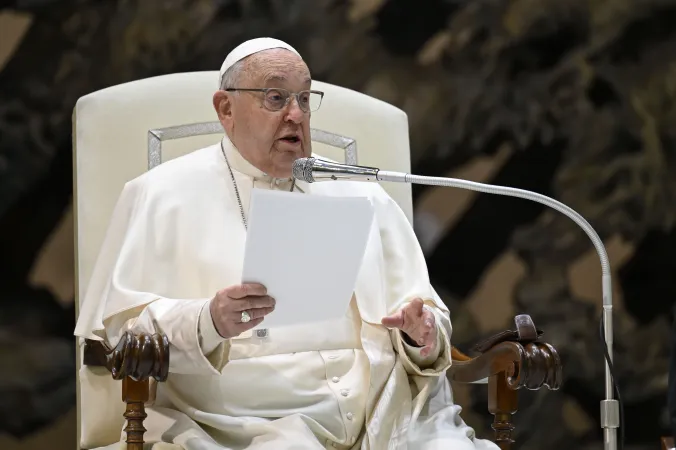 Pope Francis addresses pilgrims gathered in the Paul VI Audience Hall for his Wednesday general audience on Jan. 15, 2025, at the Vatican.