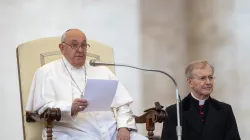 Pope Francis addresses pilgrims gathered in St. Peter’ Square for his general audience on Wednesday, Oct. 23, 2024, at the Vatican. / Credit: Daniel Ibañez/CNA