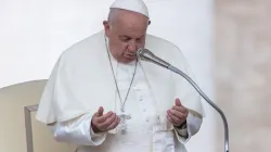 Pope Francis prays during his Wednesday general audience in St. Peter’s Square at the Vatican on Oct. 9, 2024. / Credit: Daniel Ibañez/CNA