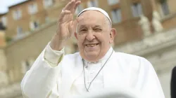 Pope Francis waves to pilgrims gathered in St. Peter’s Square for his Wednesday general audience on May 8, 2024. / Credit: Vatican Media