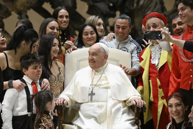 Circus performers take a photo with Pope Francis after a performance in the Paul VI Audience Hall following his Wednesday general audience on Jan. 15, 2025, at the Vatican.