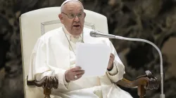 Pope Francis delivers a message during his general audience on Wednesday, May 1, 2024, in Paul VI Hall at the Vatican. / Credit: Vatican Media