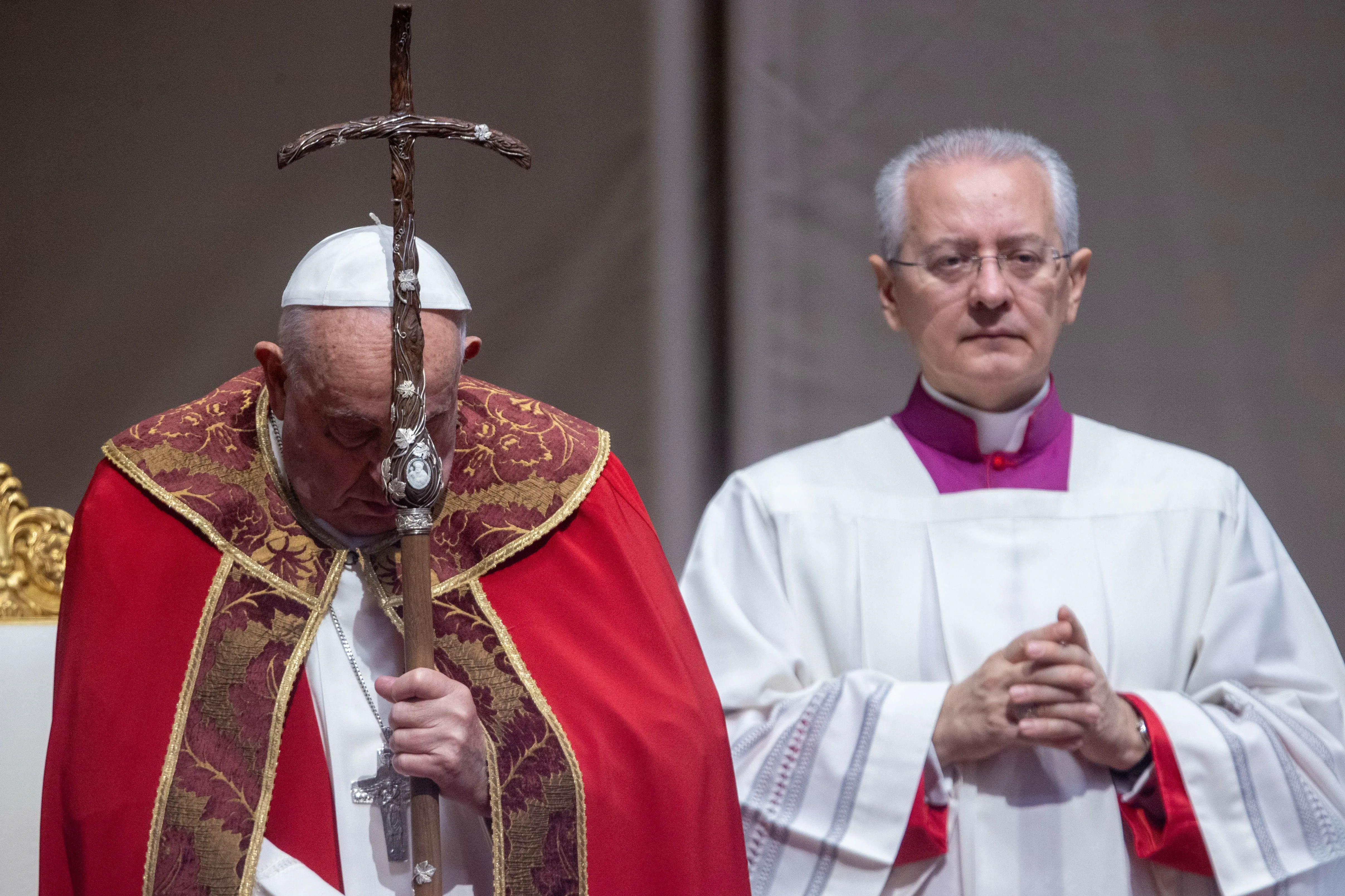 Pope Francis prays during a Mass of suffrage for deceased cardinals and bishops in St. Peter’s Basilica on Nov. 4, 2024, at the Vatican. / Credit: Daniel Ibañez/CNA