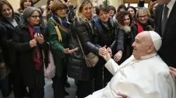 Pope Francis greets members of the Interprovincial Order of the Profession of Midwifery of Catanzaro on Feb. 6, 2025, at his Casa Santa Marta residence at the Vatican. / Credit: Vatican Media