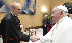 Pope Francis meets with Cardinal Pierbattista Pizzaballa, the Latin patriarch of Jerusalem, at a meeting with other Arab bishops on Aug. 28, 2024, at the Vatican. / Credit: Vatican Media