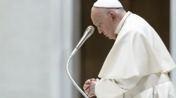 Pope Francis prays during his general audience on Wednesday, May 1, 2024, in Paul VI Hall at the Vatican. / Credit: Vatican Media