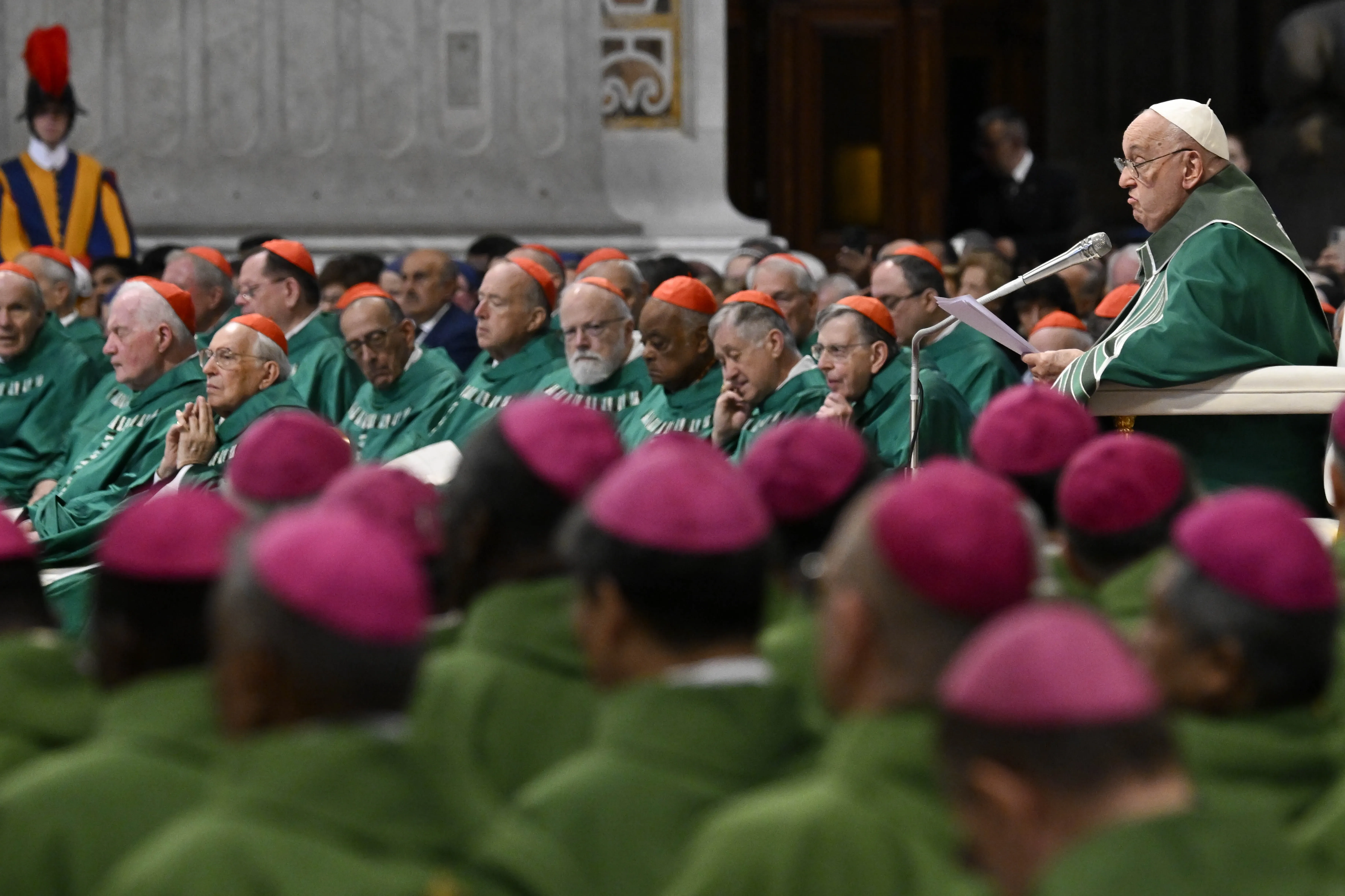 Pope Francis addresses bishops gathered in St. Peter’s Basilica at the Vatican for the Synod on Synodality closing Mass on Oct. 27, 2024. / Credit: Vatican Media