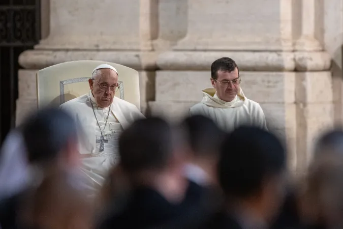 Pope Francis listens during an ecumenical prayer service on Oct. 11, 2024, in Protomartyrs Square at the Vatican.