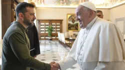 Ukraine President Volodymyr Zelenskyy shakes hands with Pope Francis during a meeting at the Vatican on Friday, Oct. 11, 2024. / Credit: Vatican Media