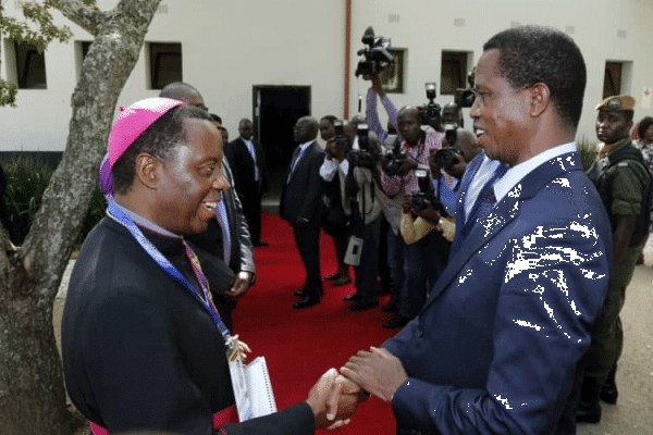 President of the Zambia Conference of Catholic Bishops (ZCCB), Bishop George Lungu welcoming Zambia's President Edgar Lungu at the consultative meeting in Lusaka, Zambia / Edgar Chagwa Lungu FB