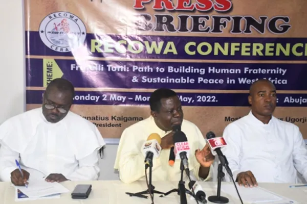 Fr. Zacharia Nyantiso Samjumi (center), the Secretary General of the Catholic Secretariat of Nigeria (CSN), the National Director of Social Communications (right), CSN, Fr. Dr. Michael Nsikak Umoh and Director, Pastoral Affairs, Fr. Michael Banjo (left) during the April 6 press conference. Credit: Nigeria Catholic Network