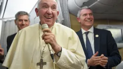 Pope Francis speaking to journalists on the flight from Canada to Rome, Italy, on July 30, 2022. Vatican Media