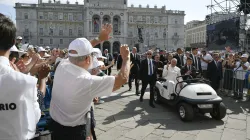 Pope Francis travels between the conference center and Unità d’Italia Square in Trieste, Italy, with a golf cart during his pastoral visit to the northern Italian city on July 7, 2024. In Trieste, the pope addressed around 1,200 participants in a Catholic conference on democracy for the annual Social Week of Catholics. / Credit: Vatican Media