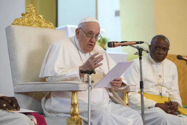 Pope Francis met with bishops, priests, and religious in St. Theresa Cathedral in Juba, South Sudan, on Feb. 4, 2023. / Vatican Media
