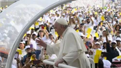 Pope Francis greets the crowd in Bahrain's national soccer stadium before offering Mass on Nov. 6, 2022. | Vatican Media