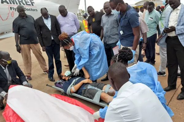 The Bishop-elect of South Sudan's Rumbek Diocese, Msgr. Christian Carlassare airlifted to Kenya’s capital, Nairobi, through the services of the African Medical and Research Foundation (AMREF) for specialized treatment. Credit: Courtesy Photo