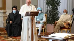 Pope Francis addresses participants in the meeting ‘Faith and Science: Towards COP26’ at the Vatican’s Hall of Benediction, Oct. 4, 2021. Vatican Media.