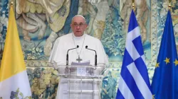 Pope Francis addresses a meeting with authorities, civil society and the diplomatic corps at the Presidential Palace in Athens, Greece, Dec. 3, 2021. Vatican Media.