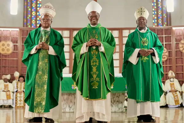 Bishop Richard Kuuia Baawobr (center), Fridolin Cardinal Ambongo Besungu (left) and Bishop Lucio Andrice Muandula (right)bSECAM President, First Vice and Second Vice President respectively. Credit: ACI Africa