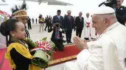 Pope Francis is greeted by children in traditional dress on his arrival in Jakarta, Indonesia, Sept. 3, 2024 | Vatican Media