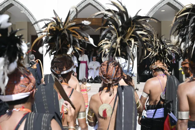 Pope Francis arriving at the meeting with bishops, priests, deacons, consecrated persons, seminarians and catechists in the Cathedral of the Immaculate Conception in Dili, East Timor, Sept. 10, 2024.