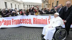 Pope Francis greets the faithful from his wheelchair during his Feb. 28, 2024 general audience at the Vatican. | Credit: Vatican Media