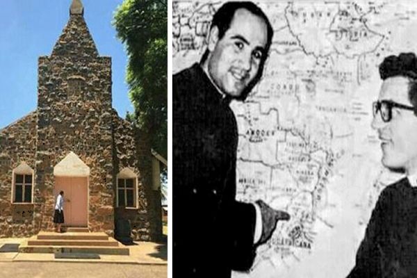 (Left) The original church of the Most Holy Redeemer, built in 1921. (Right) Stigmatine Fathers Michael D’Annucci (left) and Charles Mittempergher, who served the mission in Mmakau for many years after their ordinations. Fr D’Annucci was murdered in a hijacking in Pretoria in December 2001 (he was declared a martyr in 2002); Fr Mittempergher died in Italy in December 2017. / The Southern Cross.