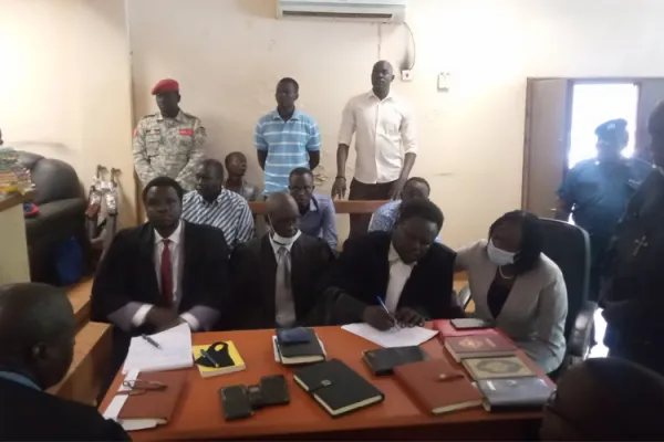 Photo of the Six Accused suspect and their defense lawyers during the court hearing Wednesday, 9 February 2022. Credit:  Catholic Radio Network (CRN)