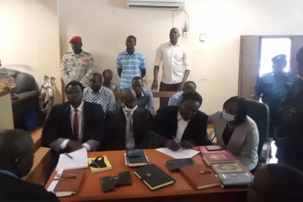 Photo of the Six Accused suspect and their defense lawyers during the court hearing Wednesday, 9 February 2022. Credit: Catholic Radio Network (CRN)