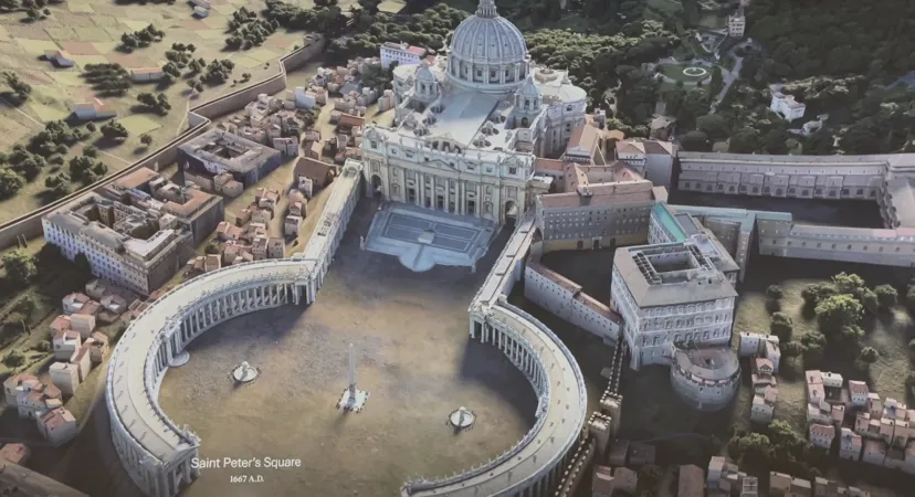 Photo taken on press tour of the “Pétros ení” exhibit at the Vatican, part of the Microsoft La Basilica Di San Pietro: AI-Enhanced Experience, a virtual 3D model of St. Peter’s Basilica generated using AI from more than 400,000 high-resolution images of the basilica taken by drones using advanced photogrammetry techniques.