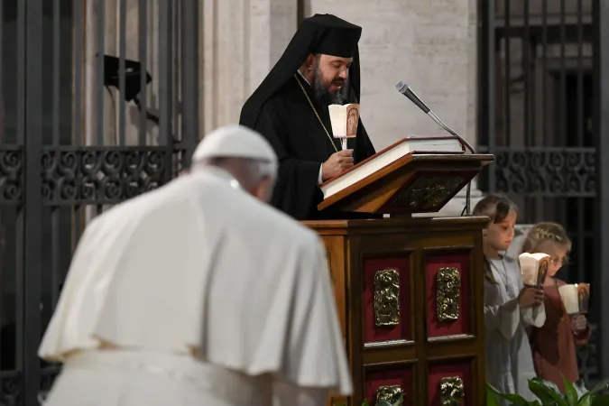 An Orthodox church leader offers prayers during an ecumenical prayer service on Oct. 11, 2024, in Protomartyrs Square at the Vatican.