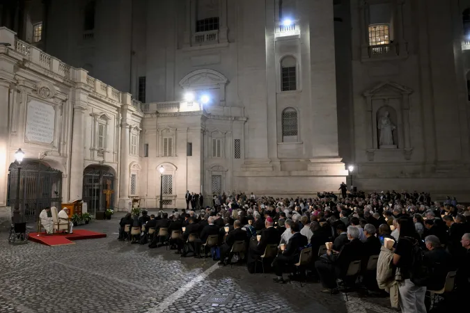 Pope Francis and Synod on Synodality participants, including non-Catholic delegates, pray together Friday, Oct. 11, 2024, in Protomartyrs Square at the Vatican.