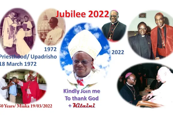 Poster on the Golden Jubilee of Priesthood of Bishop Method Kilaini, marked on 19 March 2022. Credit: Courtesy Photo