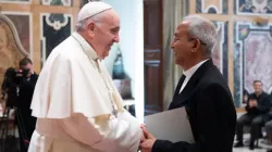 Pope Francis greets Fr. Mathew Vattamattam, superior general of the Claretian Missionaries, at the Vatican, Sept. 9, 2021/ Vatican Media.