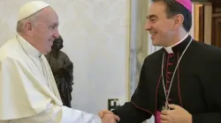 Pope Francis greets Archbishop Ettore Balestrero, whom he appointed as the Holy See’s permanent observer to the United Nations in Geneva on June 21, 2023. | Vatican Media