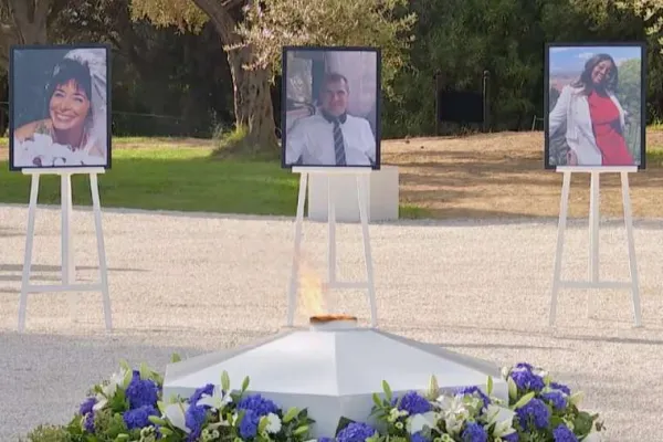 Portraits of Nadine Devillers, Vincent Loques, and Simone Barreto Silva. / Screengrab from the livestream of the Nice attack victims' memorial Nov. 7, 2020.