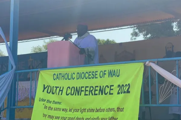 Bishop Matthew Remijio Adam addressing young people at a Thanksgiving Holy Mass to mark the conclusion of the 2022 Youth Conference on Monday, November 21. Credit: Wau Diocese