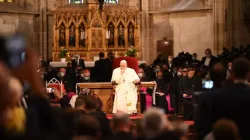 Pope Francis addresses bishops, priests, religious, seminarians, and catechists in St Martin’s Cathedral, Bratislava, Slovakia, Sept. 13, 2021./ Papal trip pool.