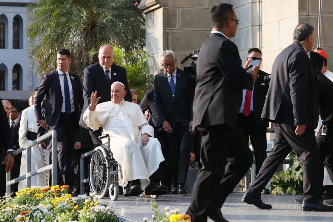 Pope Francis arrives at the Cathedral of Our Lady of the Assumption in Jakarta on Sept. 4, 2024, to meet with bishops, priest, religious, seminarians and catechists.