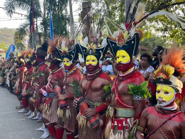 Catholics from Hela Province preparing to perform a traditional dance for Pope Francis in Port Moresby, Papua New Guinea, Sept. 7, 2024.