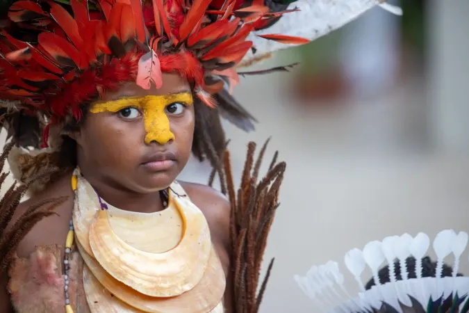 One of the many children greeting Pope Francis at the Shrine of Mary Help of Christians for his encounter with the bishops of Papa New Guinea and Solomon Islands, priest, seminarians and catechists, Sept. 7, 2024.