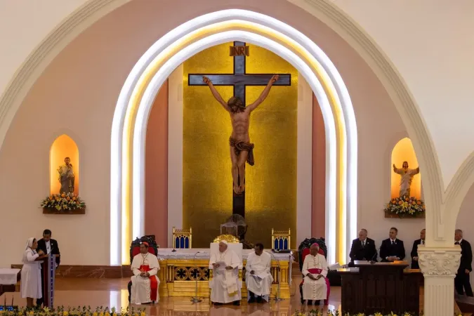 Pope Francis listens to the witness of Sister Rosa Sarmento, FdCC, at the meeting with bishops, priests, deacons, consecrated persons, seminarians and catechists in the Cathedral of the Immaculate Conception in Dili, East Timor, Sept. 10, 2024.