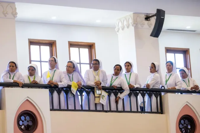 Sisters listening to Pope Francis speaking at the meeting with bishops, priests, deacons, consecrated persons, seminarians and catechists in the Cathedral of the Immaculate Conception in Dili, East Timor, Sept. 10, 2024.