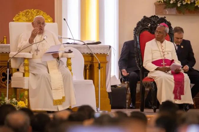 Pope Francis speaks at the meeting with bishops, priests, deacons, consecrated persons, seminarians and catechists in the Cathedral of the Immaculate Conception in Dili, East Timor, Sept. 10, 2024.