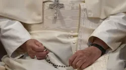 Pope Francis holds his rosary beads during a rosary prayer for peace at the Basilica of St. Mary Major in Rome on Oct. 6, 2024. / Credit: Daniel Ibañez/CNA