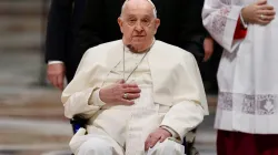 Pope Francis arrives for a consistory at St. Peter's Basilica with visible bruising on his face, Vatican City, Dec. 7, 2024. Vatican spokesman Matteo Bruni explained that the Pope suffered a contusion after hitting his chin on a bedside table the previous morning. / Credit: Daniel Ibáñez/CNA