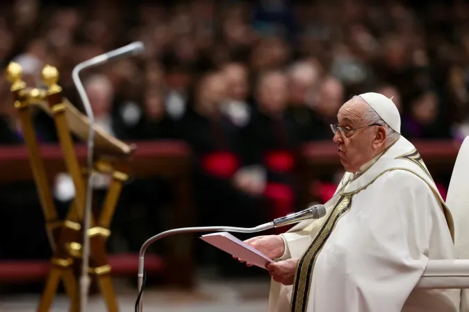 Pope Francis prays at the consistory at St. Peter's Basilica in the Vatican, Dec. 7, 2024