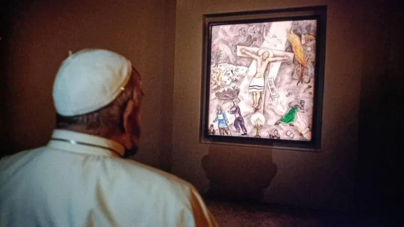 Pope Francis visits Marc Chagall’s painting “White Crucifixion” at Palazzo Cipolla in Rome on the feast of the Immaculate Conception, Dec. 8, 2024.